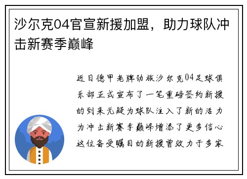 沙尔克04官宣新援加盟，助力球队冲击新赛季巅峰